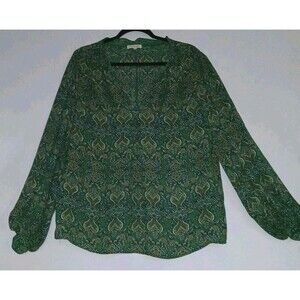 Max Studio Green Boho Print Top L Floral LS Cottage-Core Forest Fairy Spring